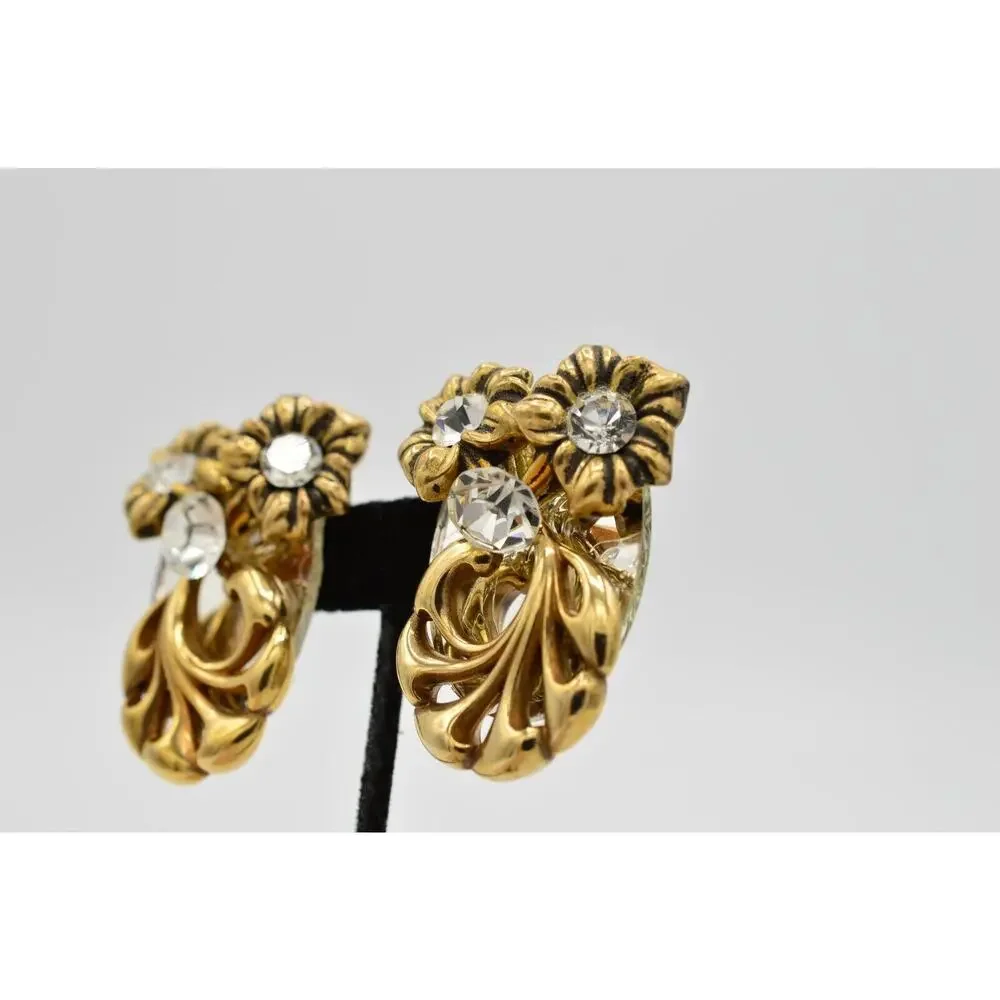 Vintage Clip On Earrings Rhinestone Crystal Mirrored Floral Chunky 1980s 9L